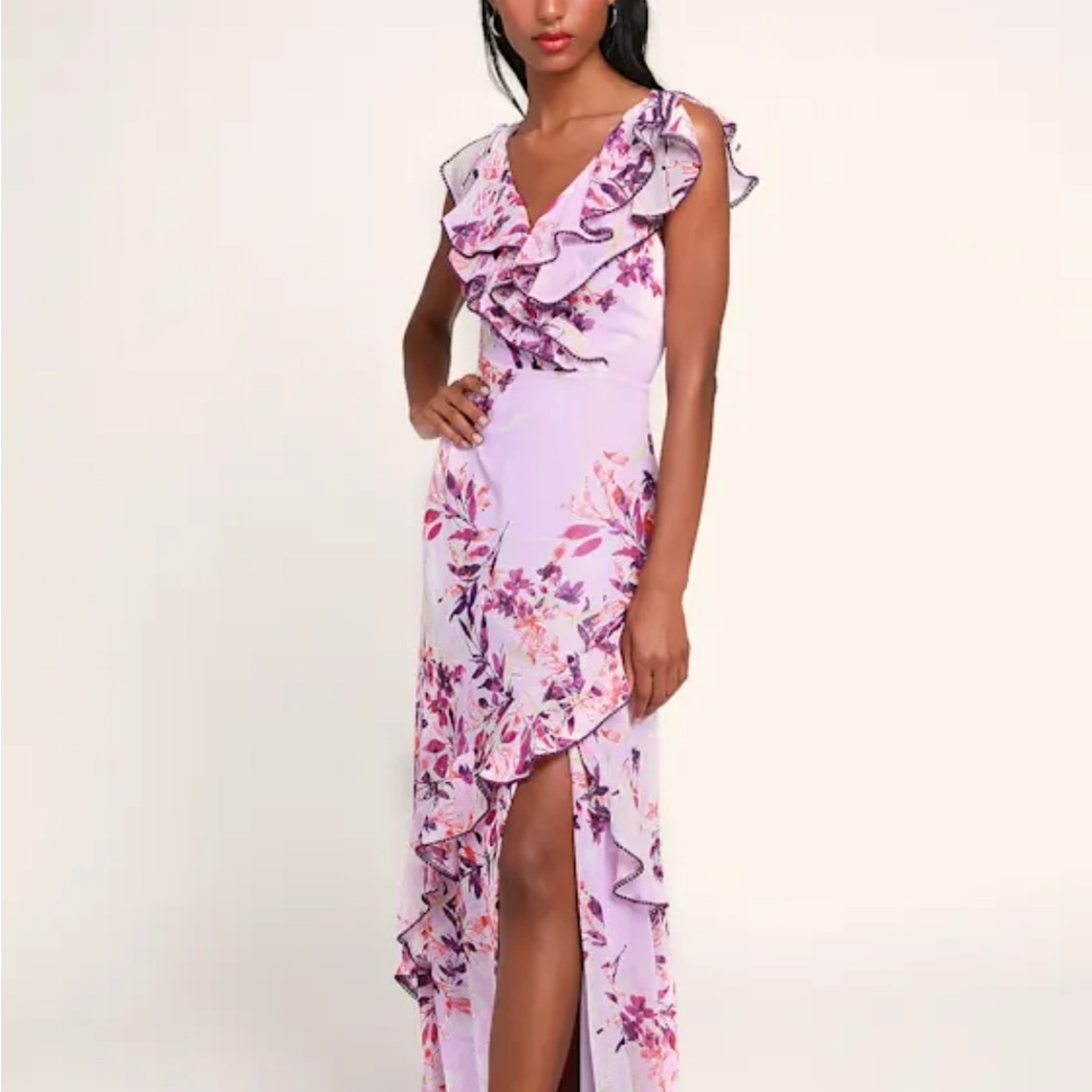Sammi Lavender Floral Print Ruffled Surplice Maxi Dress